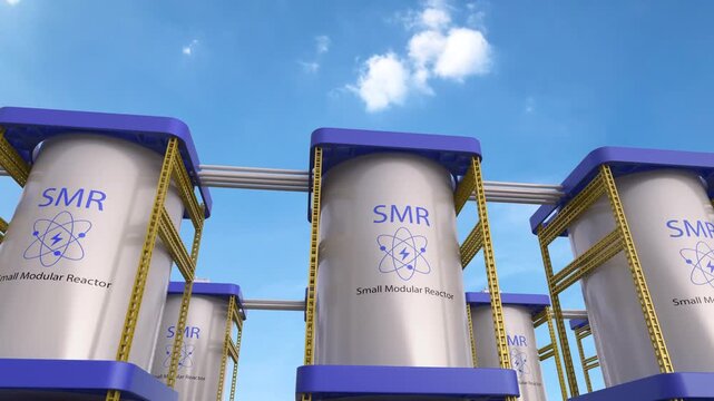 3d rendering group of smr or small modular nuclear reactors power plant with blue sky background 4k footage