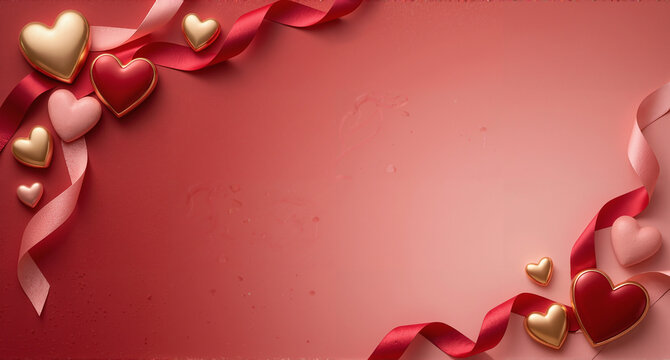Romantic Red Valentine Background with Hearts and Flowing Satin Ribbons