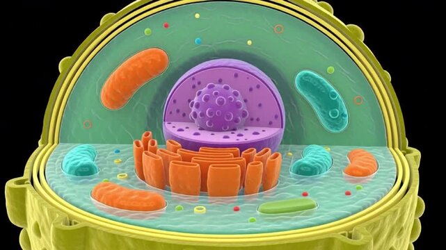 The cell nucleus and organelles are shown inside an animal cell.