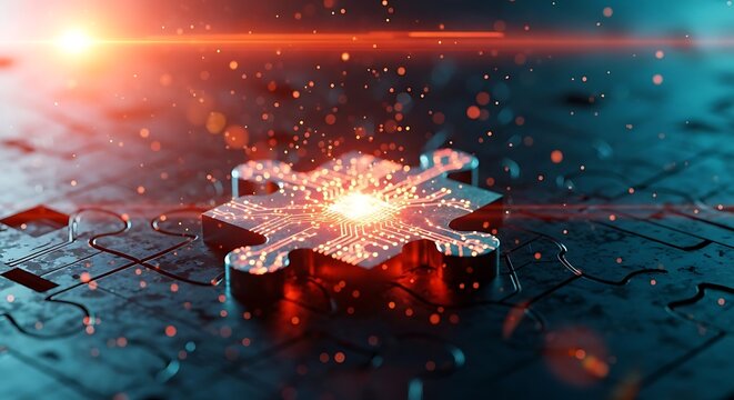Glowing puzzle piece representing a digital solution or breakthrough concept