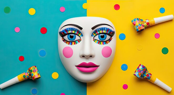 April fools day prankster face with colorful confetti and masks