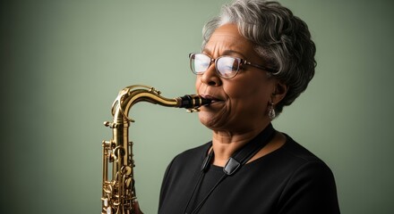 Fototapeta premium African American senior woman jazz musician playing tenor saxophone wearing glasses and black outfit against green background