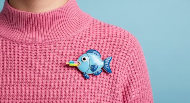 April fools day prank fish brooch worn on pink sweater