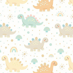 Obraz premium Hand drawn dino world, plants and flowers, bushes, rainbows and sun, cute animals. Vector illustration with dino and cartoon nature, seamless pattern.