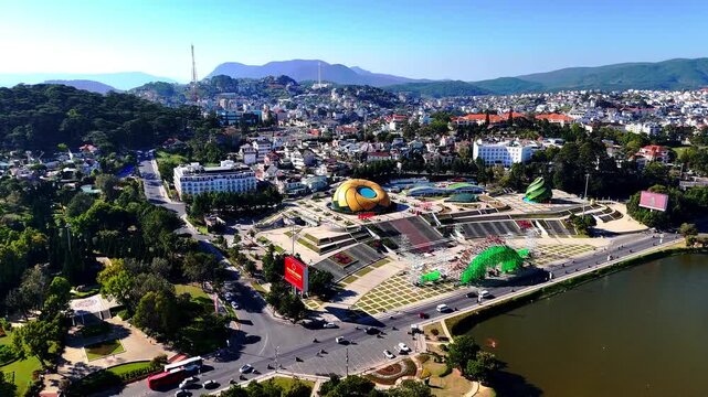 Lam Vien Square in Da Lat city center, Vietnam, featuring modern architecture, open public space and iconic glass structures.