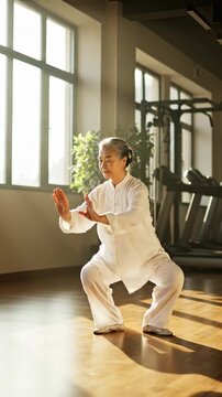 elderly woman practicing tai chi in gym, focusing on health and wellness, vertical movement, morning sunlight creates calm atmosphere
