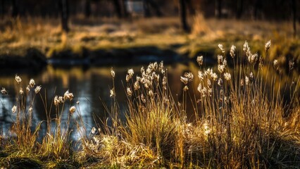 Obraz premium Sunlit golden grasses at the water’s edge beside a calm lake at sunset. Concept Golden hour lakeside landscape, Sunlit grasses by the water, Calm lake reflections at sunset