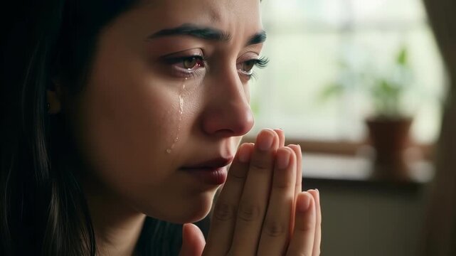 Biblical Hannah Praying Silently with Tears in Eyes in Soft Temple Lighting Emotional Spiritual Scene