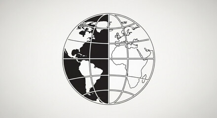 Black and white illustration of a globe with americas in shadow on a light gray background