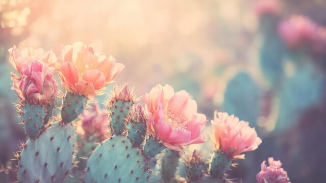 Prickly pear cactus pads with pink flowers blooming on top. Concept Prickly pear cactus in bloom, Pink flowers on cactus pads, Desert flora photography, Succulent bloom close-up