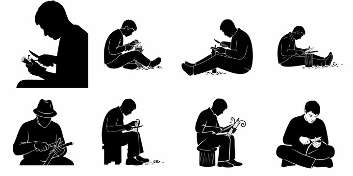 Set of black silhouettes showing men whittling and carving wood with knives, illustrating manual craftsmanship and traditional folk art.
