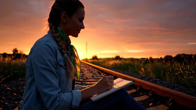 Writing in notebook on railroad track at sunset. Woman sitting on track writes in journal. Side profile shows braid and focused expression. Quiet field and warm sky invite reflection and calm. Solace.