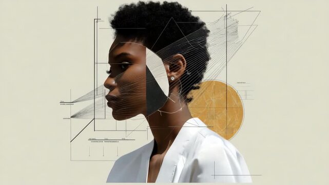 Female african young profile with geometric abstract art elements and celestial motifs
