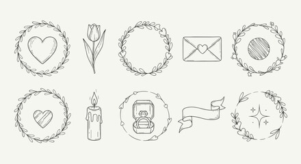 Hand-drawn romantic elements collection for wedding and Valentine's Day celebrations