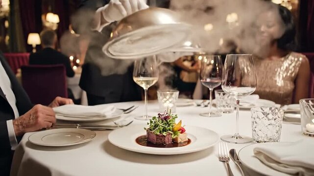Elegant waiter presents a covered dish to diners in a luxurious restaurant
