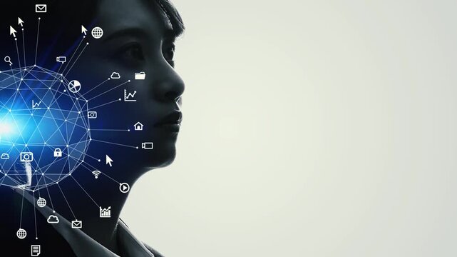 女性の横顔とデジタルネットワークのコンセプト