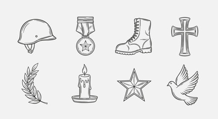 Naklejka premium Collection of military and remembrance symbols in a hand-drawn sketch style