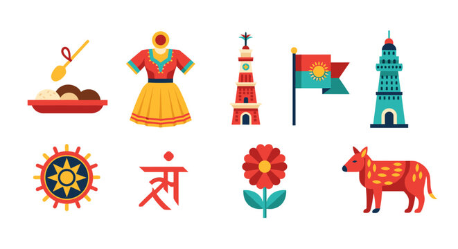 Collection of Indian cultural symbols and landmarks in a flat design style
