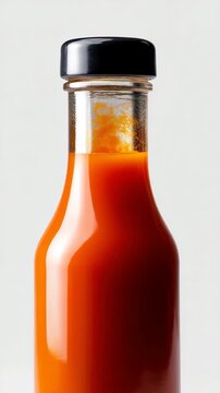 Clear glass bottle of fiery hot sauce with black cap on white background