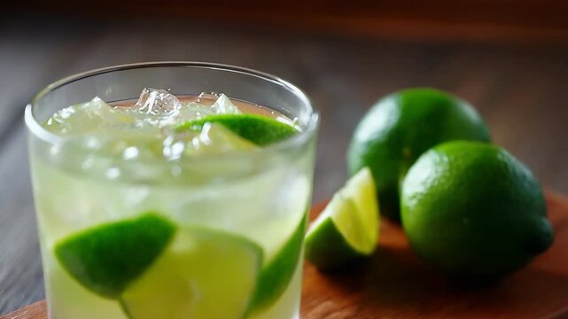 Refreshing brazilian caipirinha cocktail with fresh lime slices on wooden board
