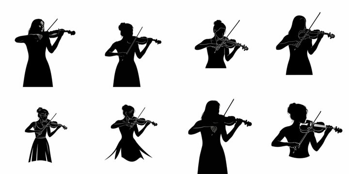 Set of eight elegant black silhouettes featuring women violinists playing classical music.
