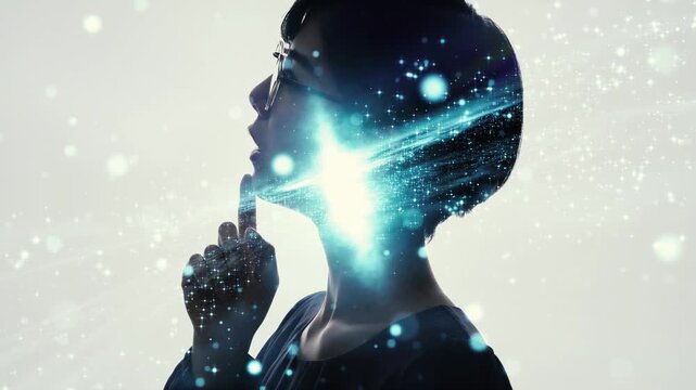 Double exposure of the thinking woman and the galaxy