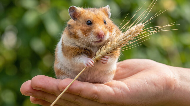Cute hamster holding a piece of wheat on a hand against a blurred green background