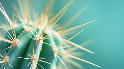 Obraz premium Close-up of a green cactus with long sharp spines radiating from its areoles. Concept Macro cactus close-up, Green cactus spines, Areoles and spines detail, Desert plant texture, Sharp spines detail