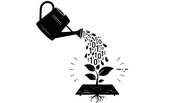 Watering can pouring binary code onto a sprouting plant growing from an open book, symbolizing digital growth and knowledge.