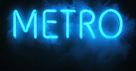 Bright neon sign spells METRO. Dark background features wisps smoke, creating dramatic effect. Bold lettering glows intensely.