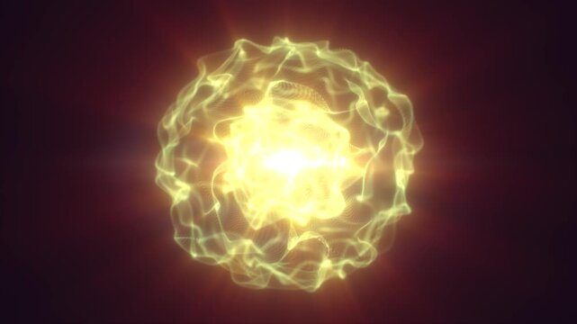 Golden yellow plasma orb with swirling filaments and soft glow on dark background, abstract energy core for science and technology concept