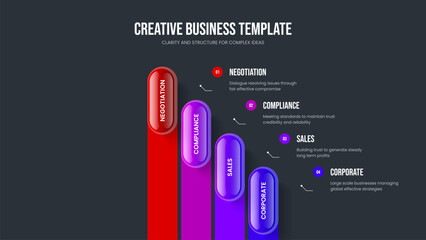 Financial Innovation Slide Template Vector Illustration. Visual Performance 4 Element Infographic Presentation Design. Investor Growth Four Step Diagram Frame Layout.
