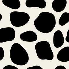 Memphis style seamless pattern. Black and white cow or Dalmatian dog spot print. Funky background for wrapping paper and fabric. Creative abstract trendy design with basic animal skin blob shapes. 