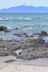 Mixed rocky and sandy coastline to north of Auckland. Location: Omaha Bay Tawharanui Peninsula New Zealand