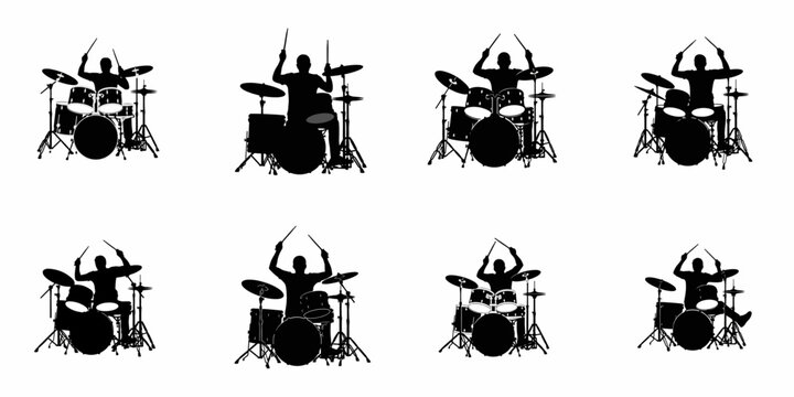 Black silhouettes collection of drummers playing drum sets, illustrating live music performance, rhythm, and rock band energy against a white background.