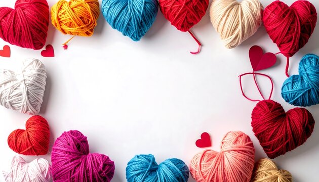 Heart-shaped yarn crafts and colorful balls of wool arranged in a frame.