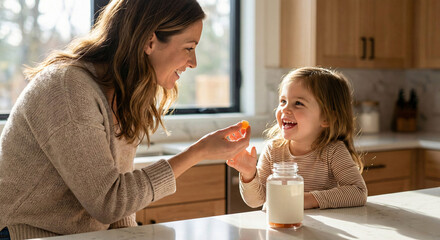 A happy mother and daughter share a healthy moment, feeding each other supplements at their sunlit kitchen counter