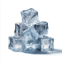 Obraz premium Clear ice cubes stacked in a pyramid formation on a white background, showcasing their transparency and texture with reflections and bubbles visible within the ice