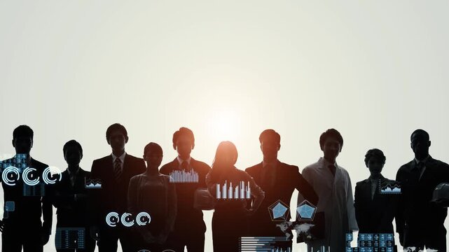 多国籍ビジネスパーソンのグループとビジネスデータのコンセプト