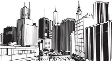 City landscape. Different buildings on street, outline cityscape hand sketch, flat houses. Hand drawn vector illustration