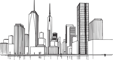 City landscape. Different buildings on street, outline cityscape hand sketch, flat houses. Hand drawn vector illustration