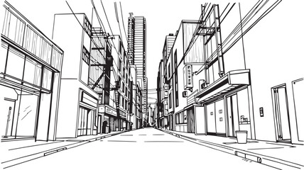 City landscape. Different buildings on street, outline cityscape hand sketch, flat houses. Hand drawn vector illustration