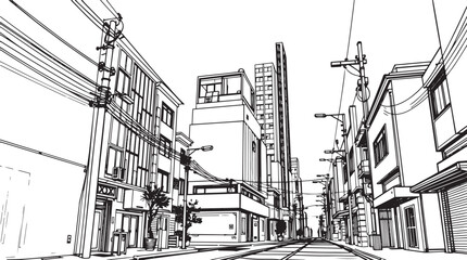 City landscape. Different buildings on street, outline cityscape hand sketch, flat houses. Hand drawn vector illustration