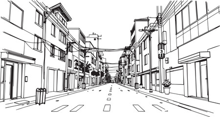 City landscape. Different buildings on street, outline cityscape hand sketch, flat houses. Hand drawn vector illustration