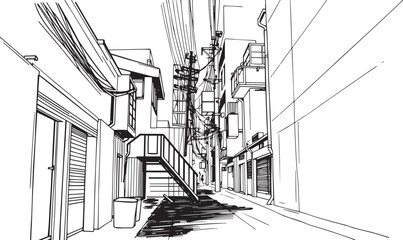 City landscape. Different buildings on street, outline cityscape hand sketch, flat houses. Hand drawn vector illustration