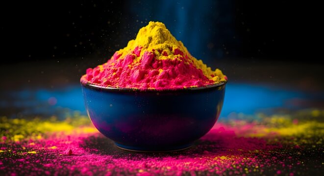Vibrant holi celebration with colorful powder in a bowl happy holi festival
