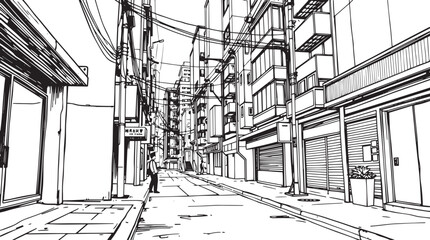 City landscape. Different buildings on street, outline cityscape hand sketch, flat houses. Hand drawn vector illustration