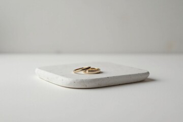 Gold Rings on White Plate. A pair of gold rings placed on a square white plate.