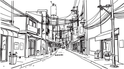 City landscape. Different buildings on street, outline cityscape hand sketch, flat houses. Hand drawn vector illustration