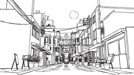 City landscape. Different buildings on street, outline cityscape hand sketch, flat houses. Hand drawn vector illustration